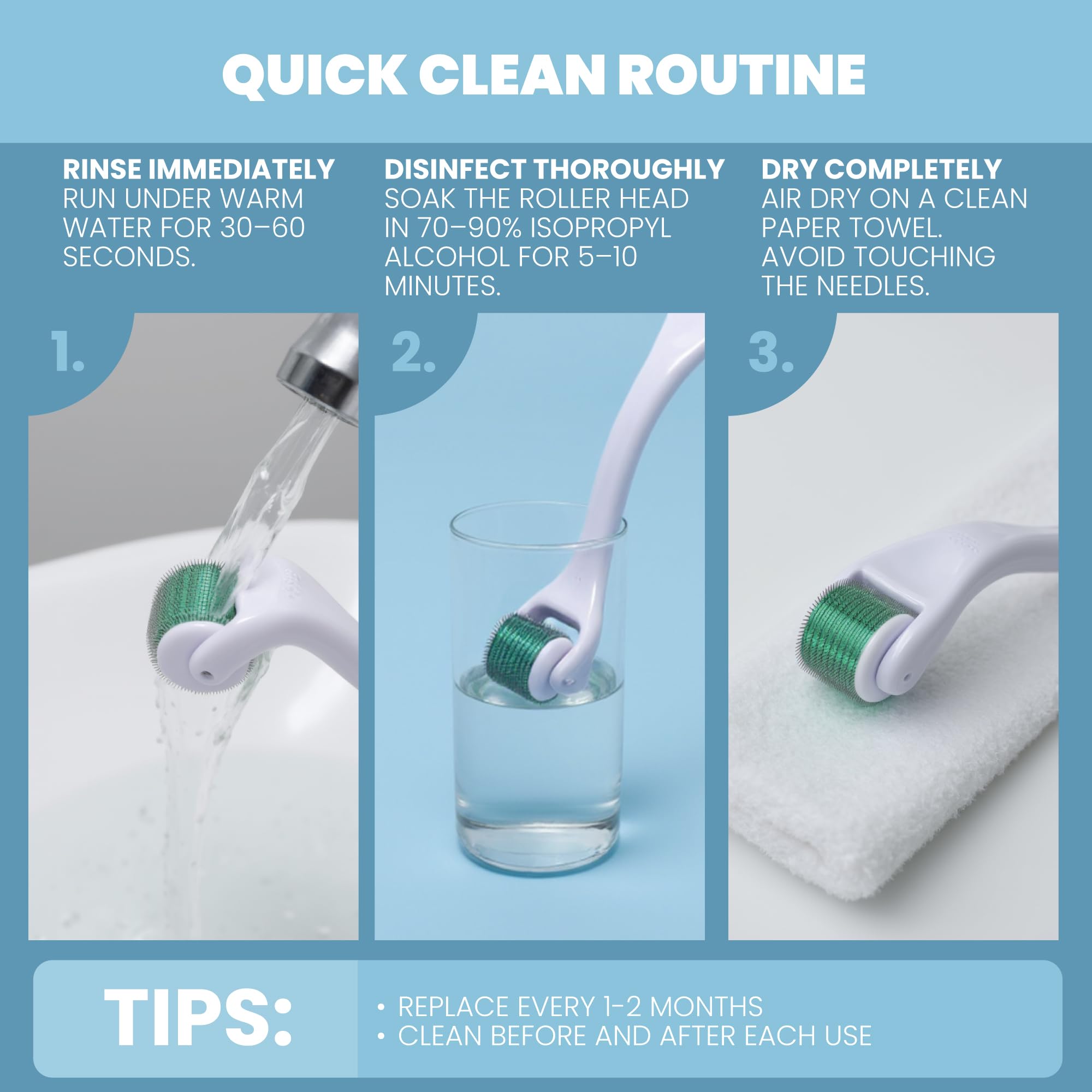 Eva Naturals roller cleaning procedure close-up for hygienic use