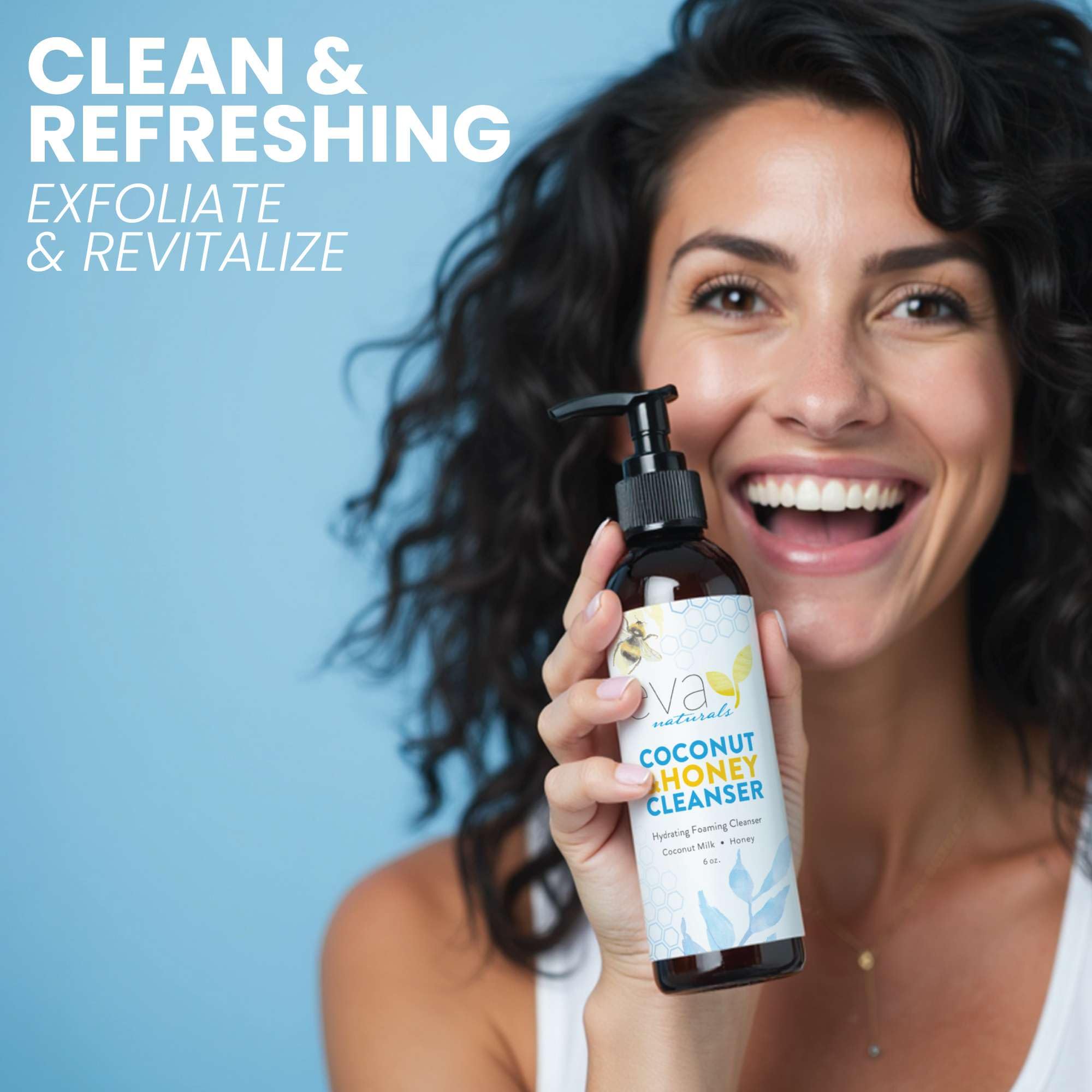 Eva Naturals Coconut and Honey Foaming Face Wash bottle pump scene highlights easy daily cleansing