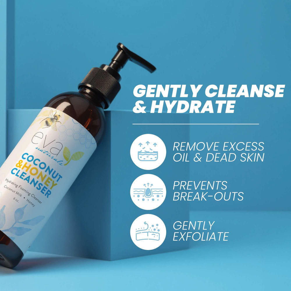 Eva Naturals coconut honey foam closeup shows creamy lather for balanced cleansing