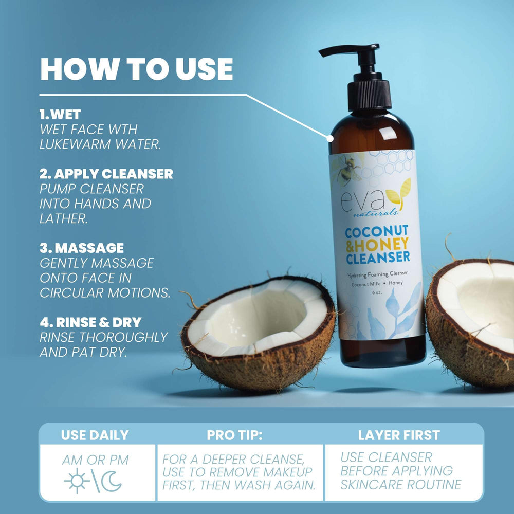 Eva Naturals Coconut and Honey Foaming Face Wash ingredients honey and aloe hint at hydrating care