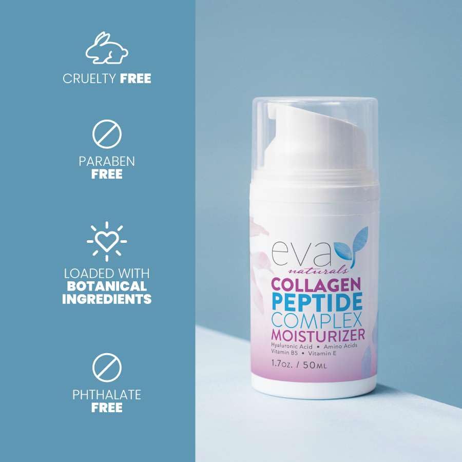 Eva Naturals Collagen Peptide Complex logo reinforces trusted skincare brand.