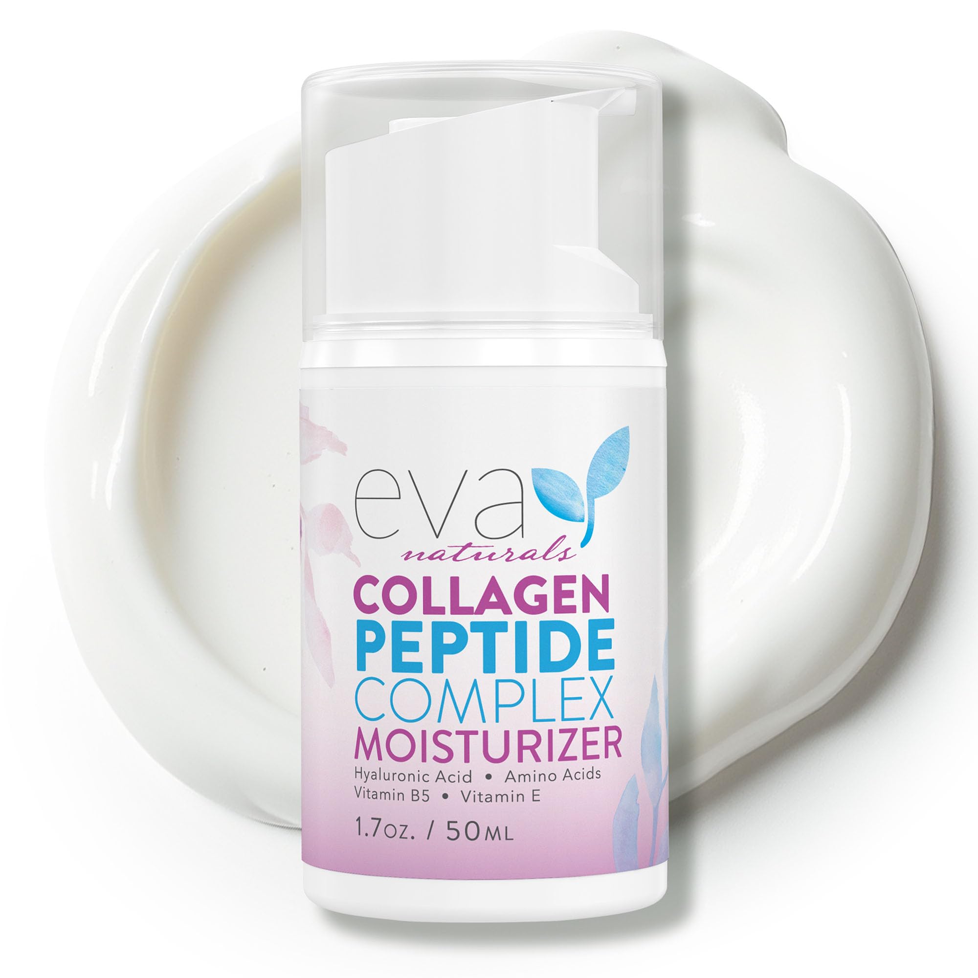 Eva Naturals Collagen Peptide Moisturizer bottle closeup highlighting rich nightly hydration.