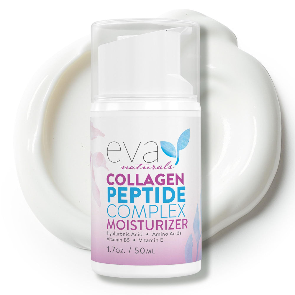 Eva Naturals Collagen Peptide Moisturizer bottle closeup highlighting rich nightly hydration.
