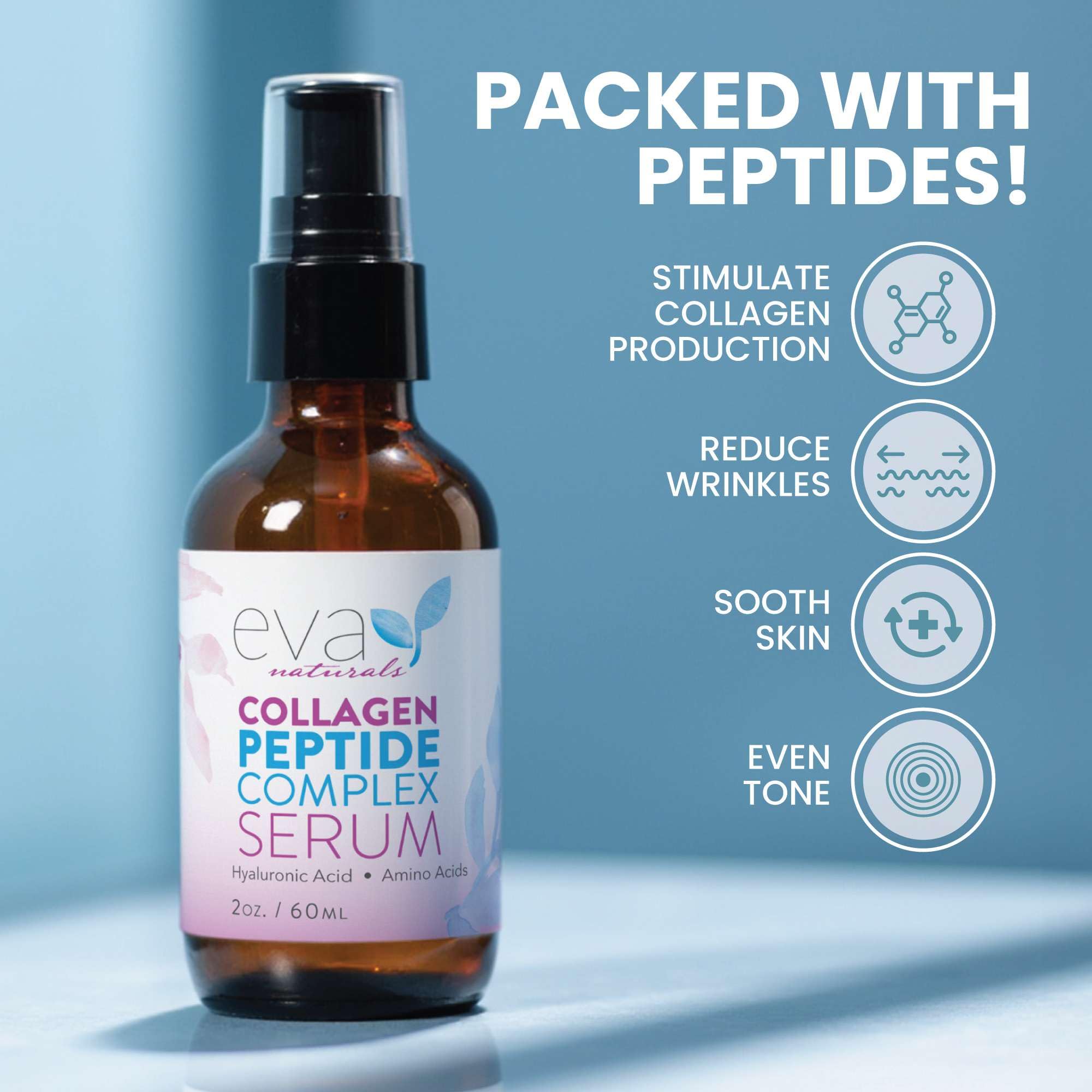 Eva Naturals collagen peptide serum bottle closeup highlighting smooth dropper for precise application