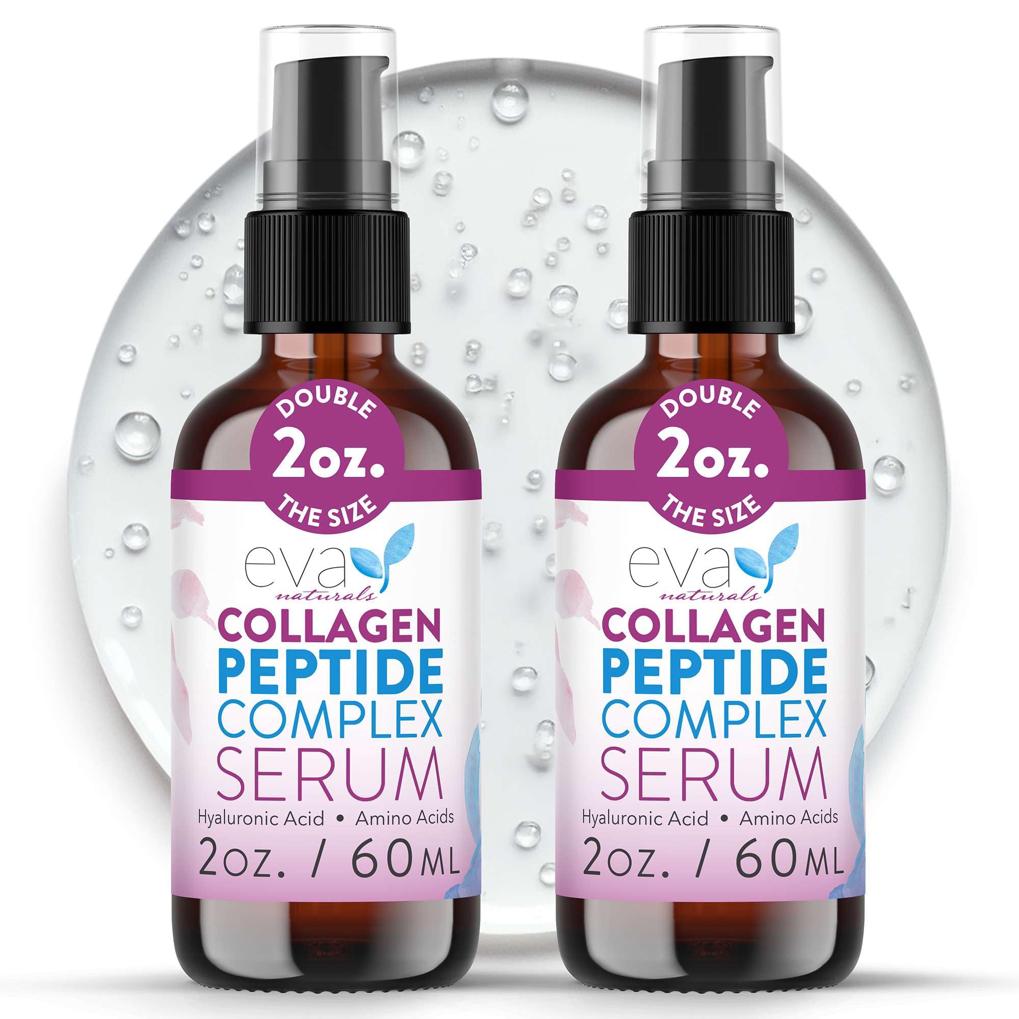 Eva Naturals collagen peptide serum bottle front for daily anti-aging skincare