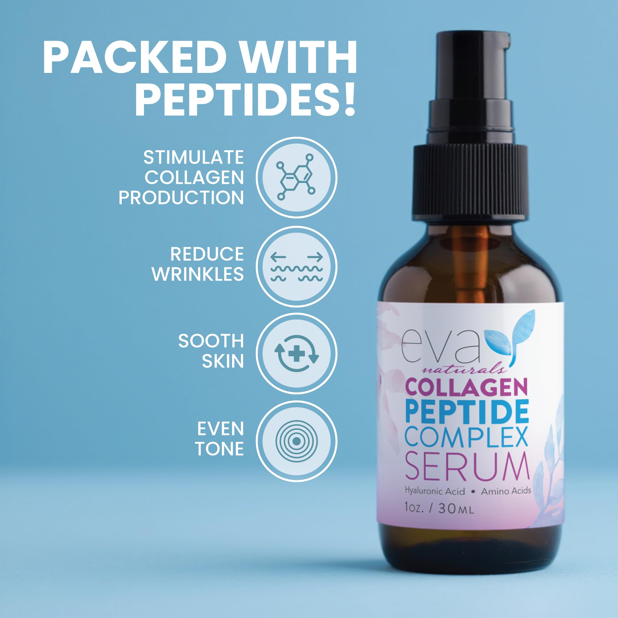 Eva Naturals collagen serum dropper close-up indicating precise, gentle application.