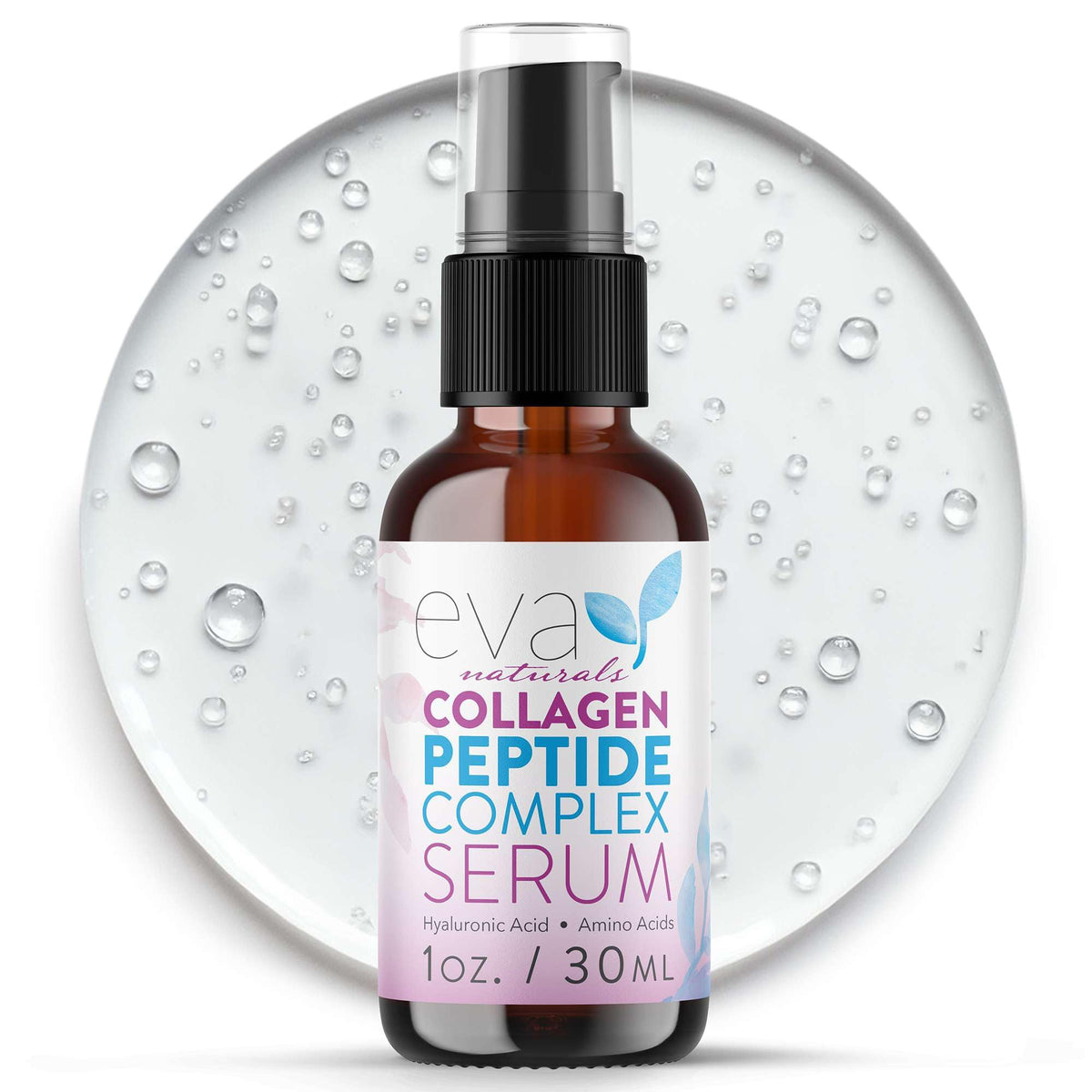 Eva Naturals collagen serum bottle close-up highlighting premium packaging and anti-aging care.