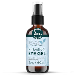 Eva Naturals Eye Gel bottle with applicator shows fast-absorbing formula for puffy under-eye areas.