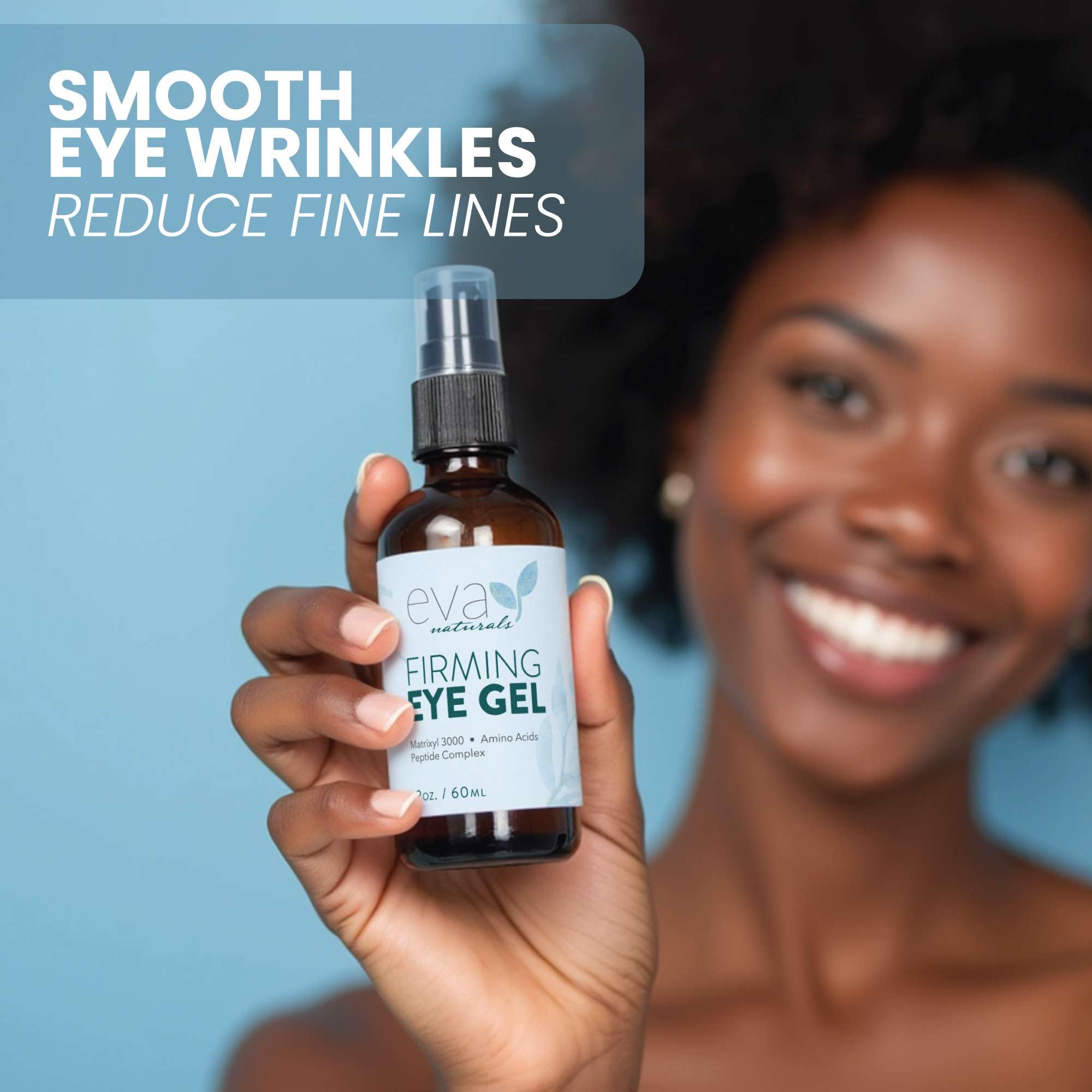 Eva Naturals Eye Gel application close-up illustrating easy depuffing for mornings.