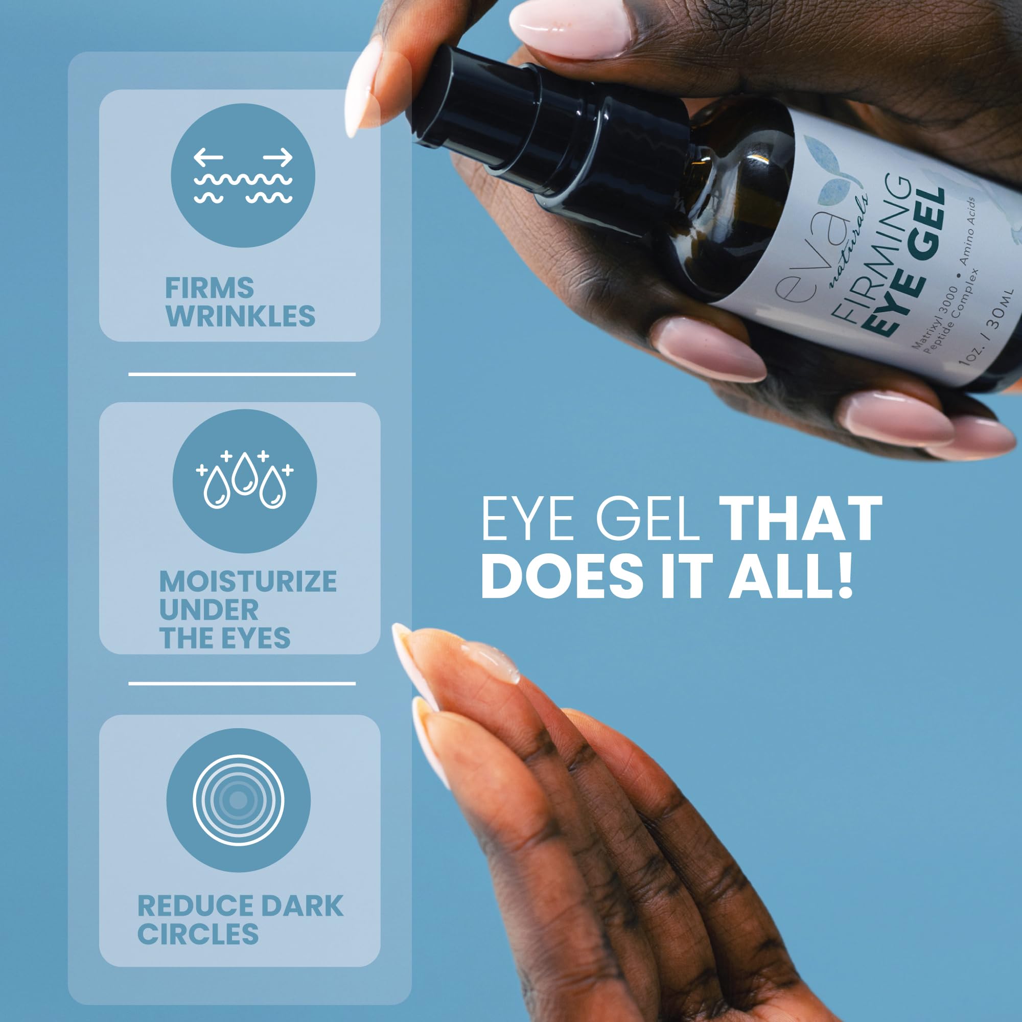 Eva Naturals Eye Gel swatch close-up; lightweight gel texture visible.