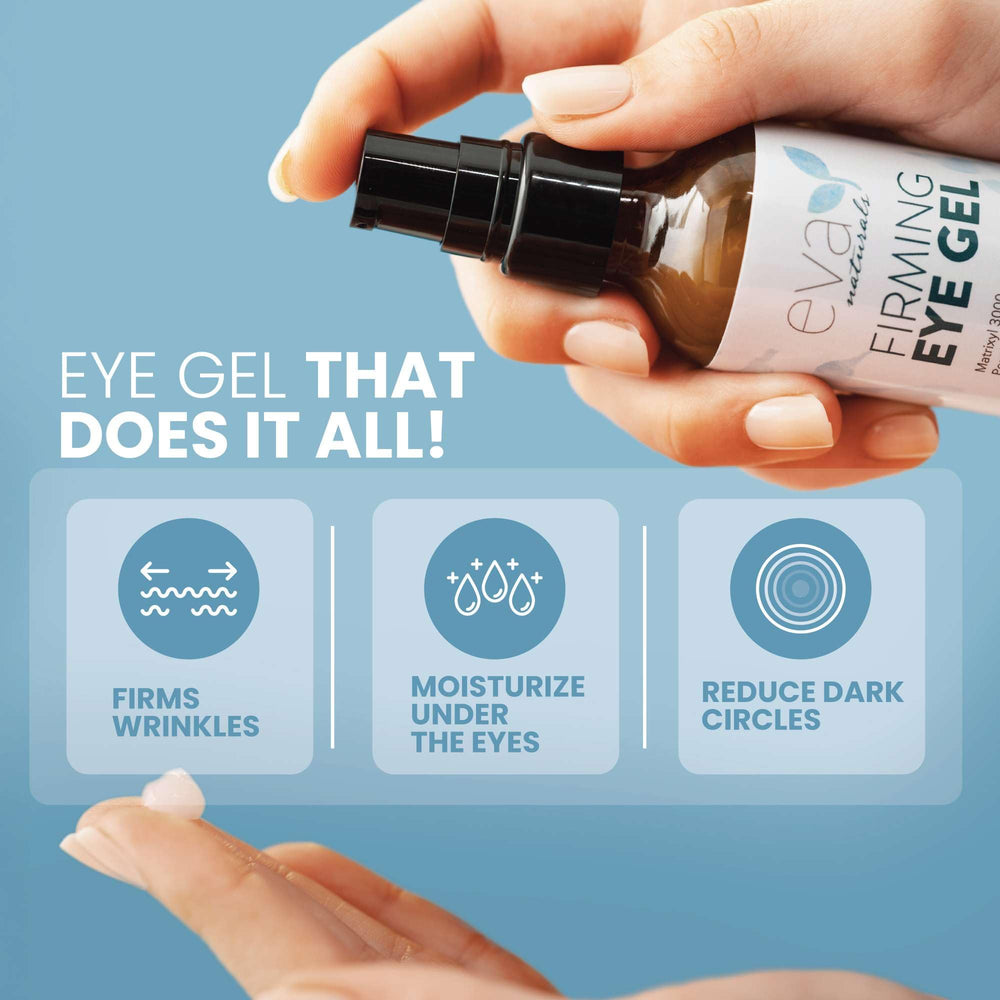 Eva Naturals Eye Gel texture close-up shows silky, fast-absorbing formula for refreshed under-eyes.