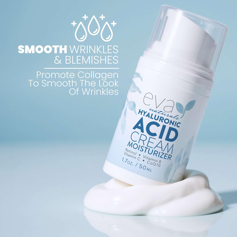 Eva Naturals Hyaluronic Acid Face Cream texture closeup demonstrates lightweight finish under makeup.