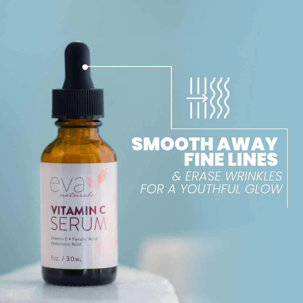 Eva Naturals Niacinamide serum dropper signals smoother texture on skin.