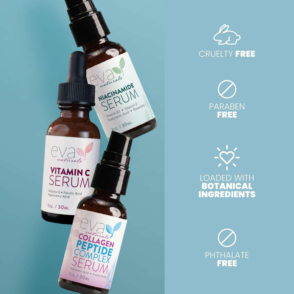 Eva Naturals Peptide serum application close-up promotes plump, hydrated skin.