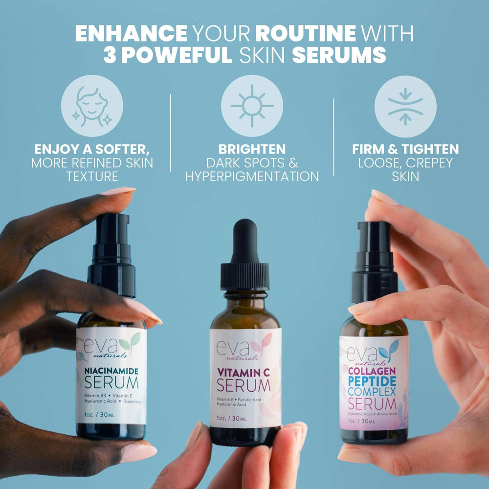 Eva Naturals Peptide serum bottle with droplet texture promotes hydration and lift.