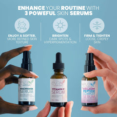 Eva Naturals Peptide serum bottle with droplet texture promotes hydration and lift.