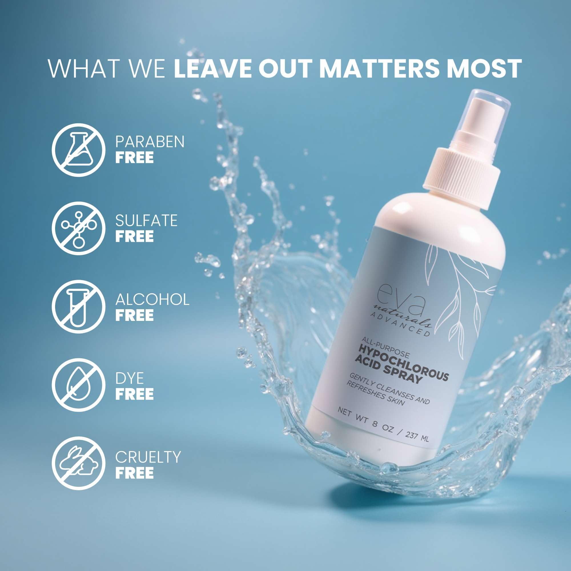 Eva Naturals HOCL household cleaner spray sanitizes surfaces without residue.