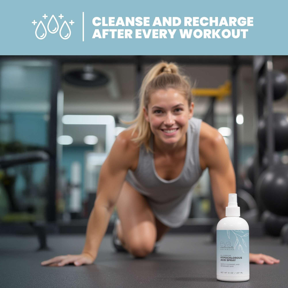 Eva Naturals HOCL post-workout spray cleanses sweat-prone areas and purifies pores.