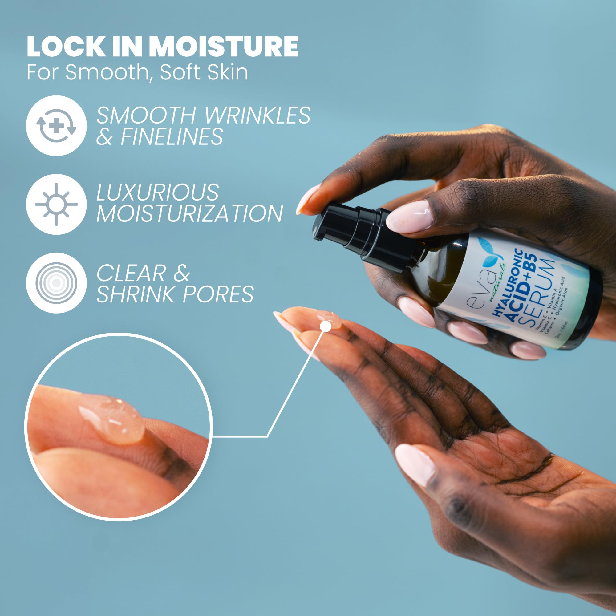 Eva Naturals hyaluronic acid and B5 serum dropper dispensing for deep moisturization