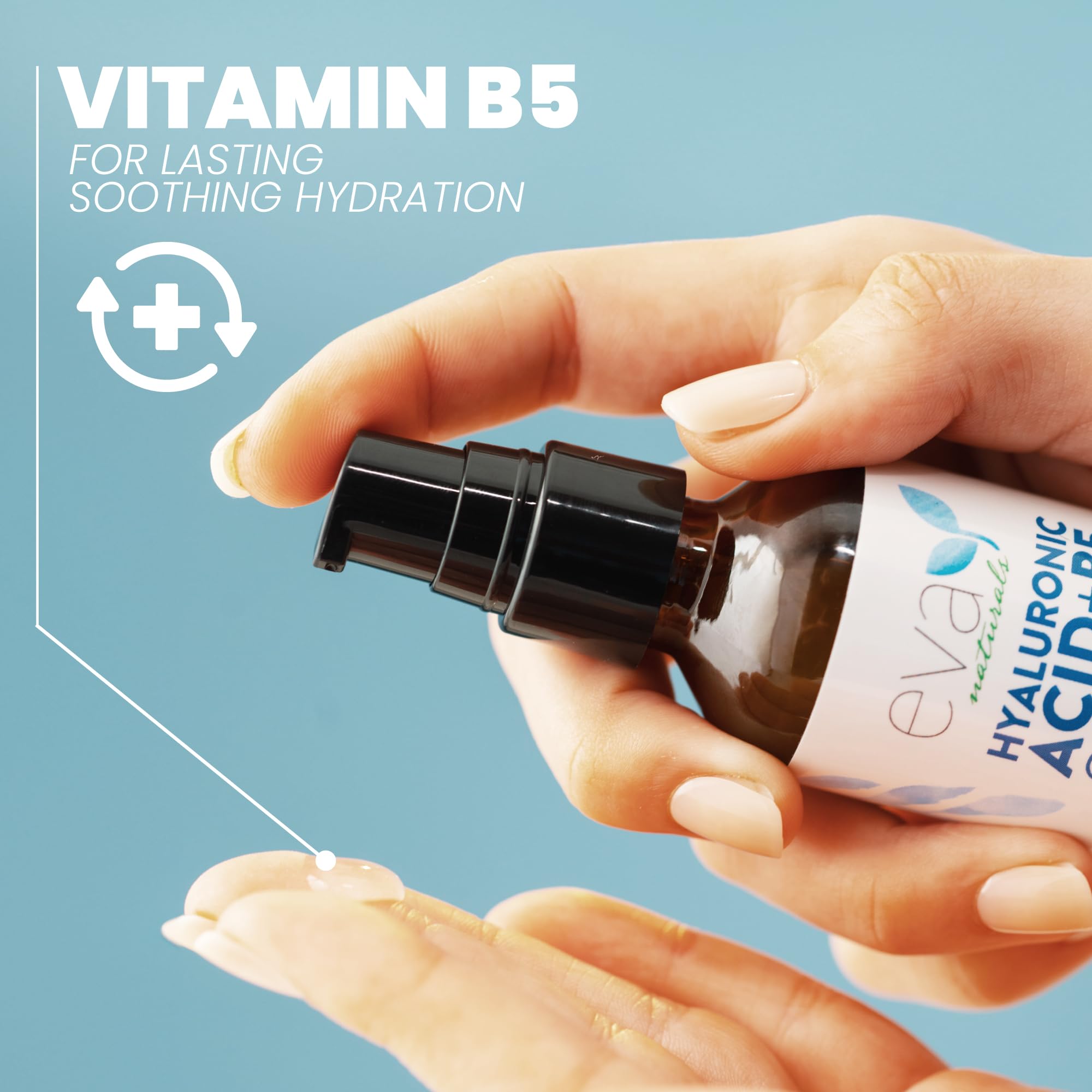 Eva Naturals ingredient bottles with vitamin C and B5 showcase premium hydration