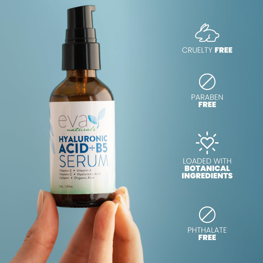 Eva Naturals serum label close-up emphasizes clean, dermatologist-inspired formulation