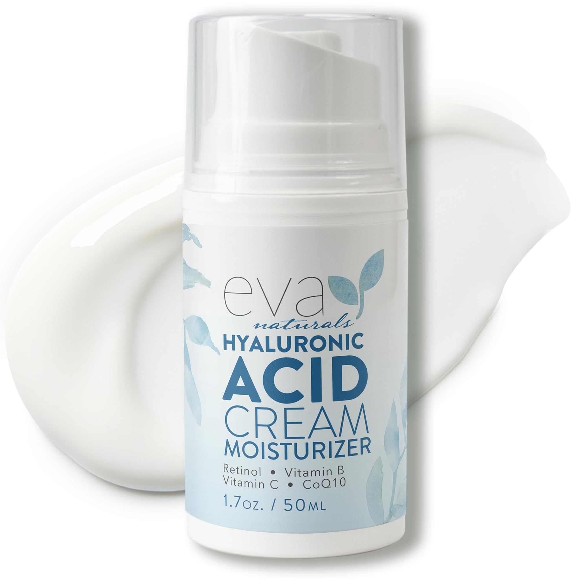 Eva Naturals Hyaluronic Acid Face Cream bottle highlights deep hydration for plump refreshed skin.