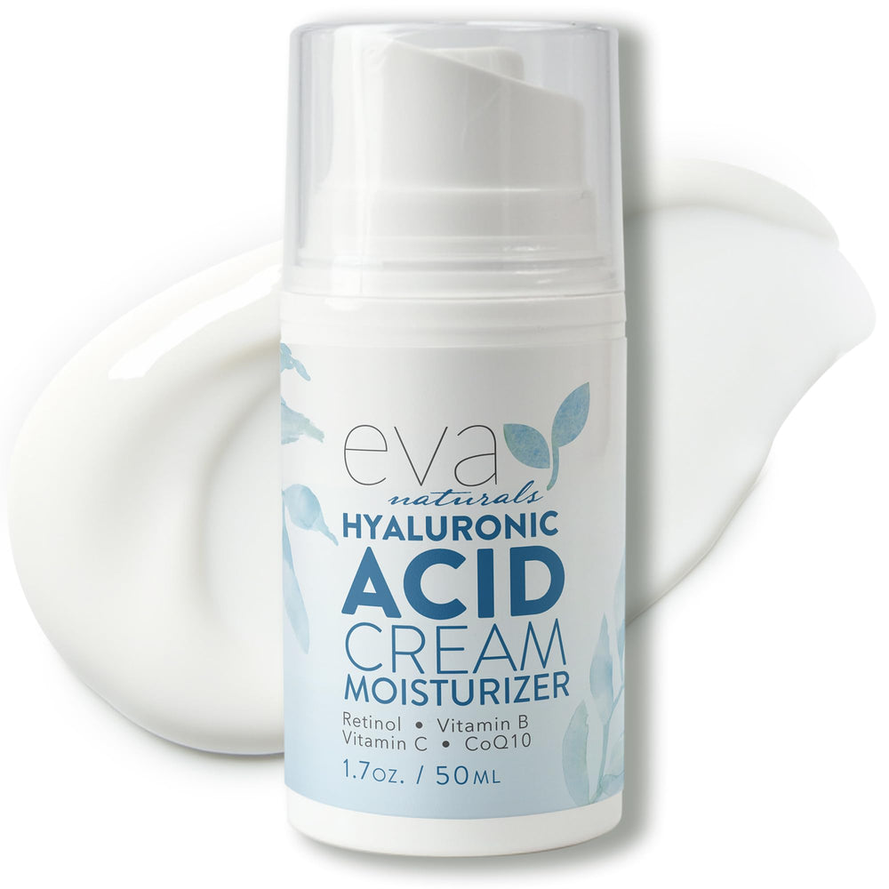 Eva Naturals Hyaluronic Acid Face Cream bottle highlights deep hydration for plump refreshed skin.