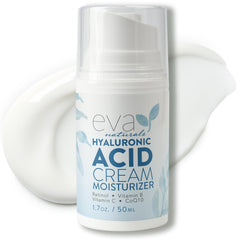 Eva Naturals Hyaluronic Acid Face Cream bottle highlights deep hydration for plump refreshed skin.