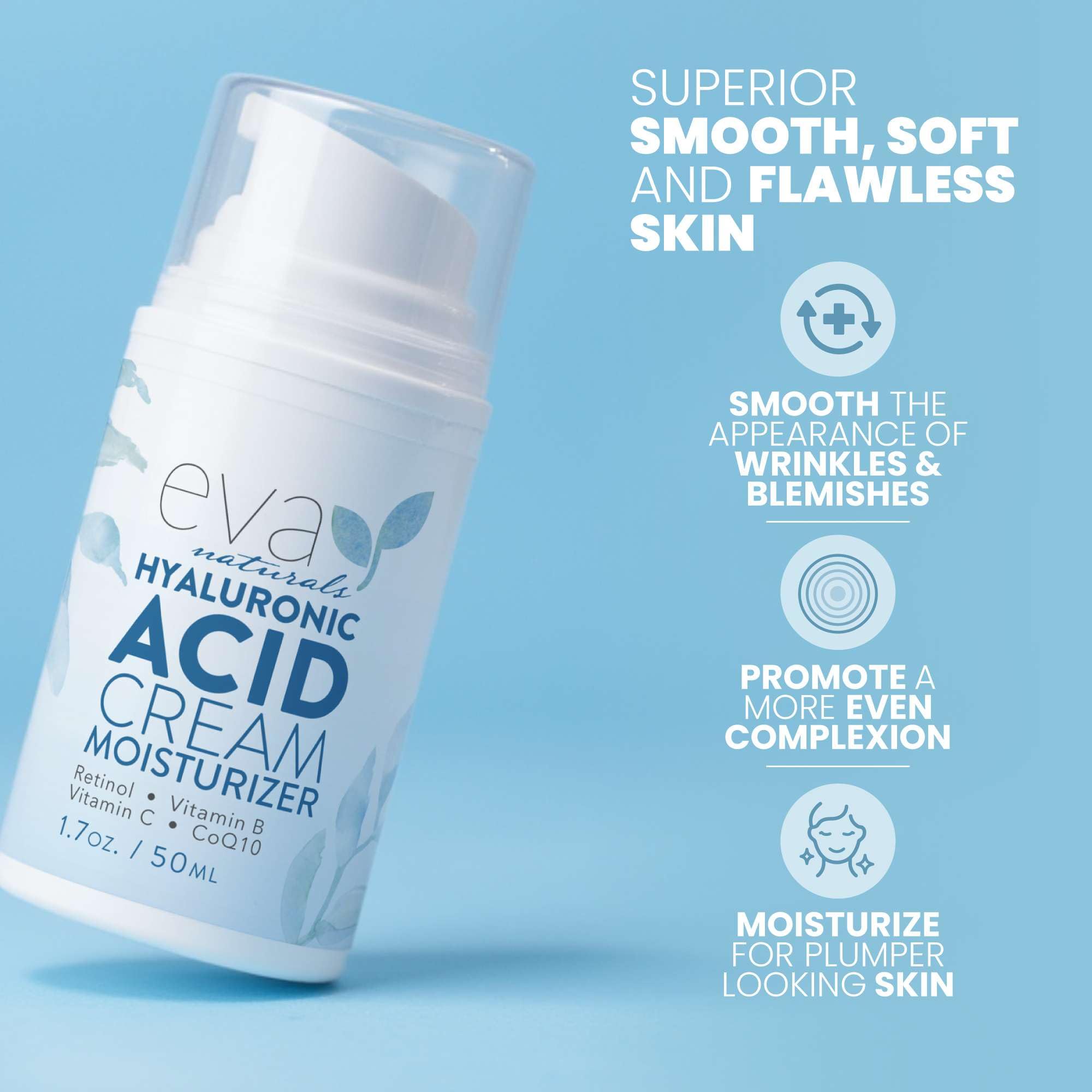 Eva Naturals Hyaluronic Acid Face Cream jar closeup shows silky texture for fast absorption.