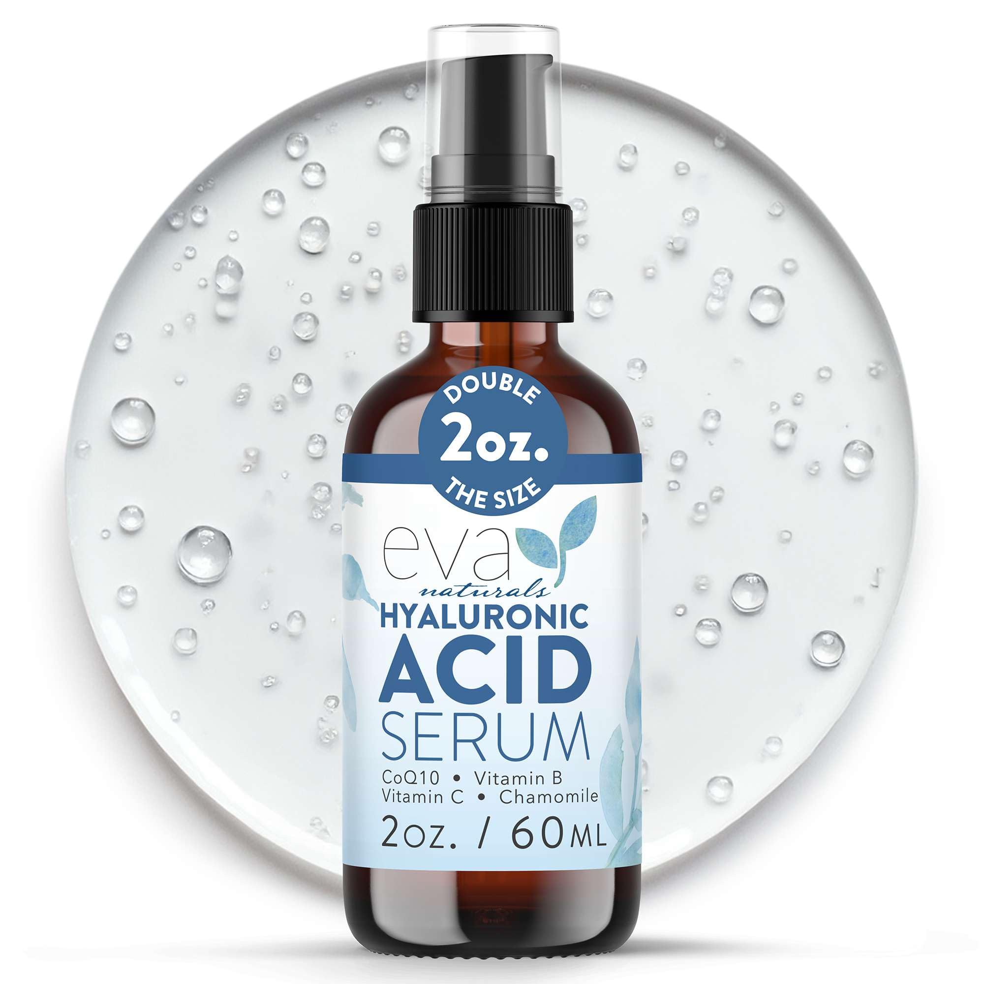 Eva Naturals hyaluronic serum bottle showing deep hydration for a plump, refreshed look.