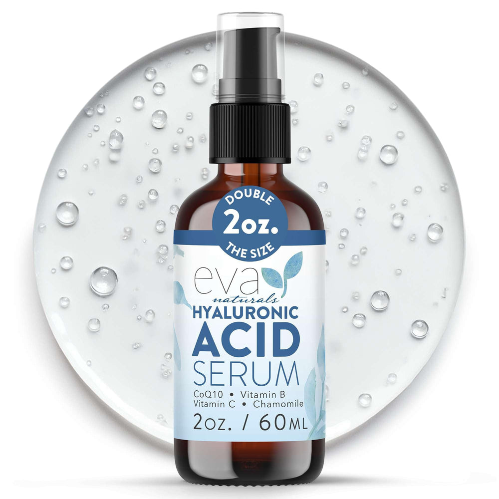 Eva Naturals hyaluronic serum bottle showing deep hydration for a plump, refreshed look.