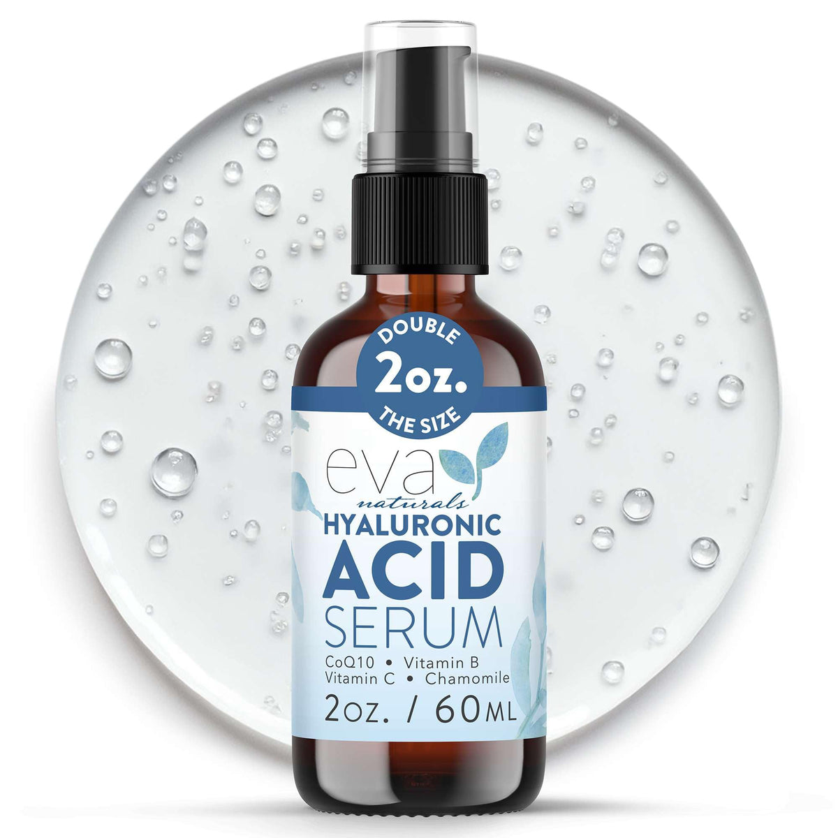 Eva Naturals hyaluronic serum bottle showing deep hydration for a plump, refreshed look.