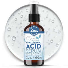 Eva Naturals hyaluronic serum bottle showing deep hydration for a plump, refreshed look.