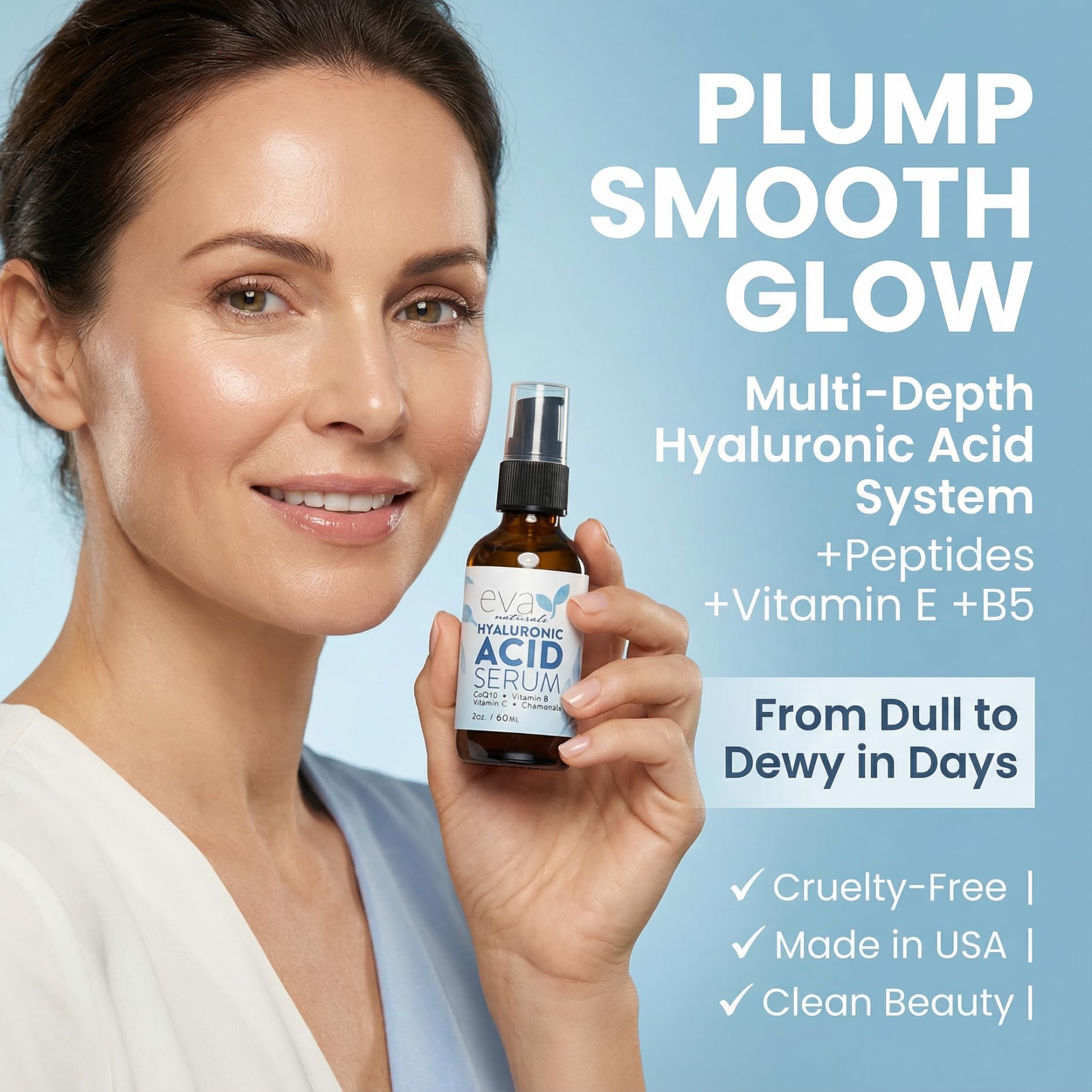 Eva Naturals hyaluronic serum dropper delivering precise moisture for even application.