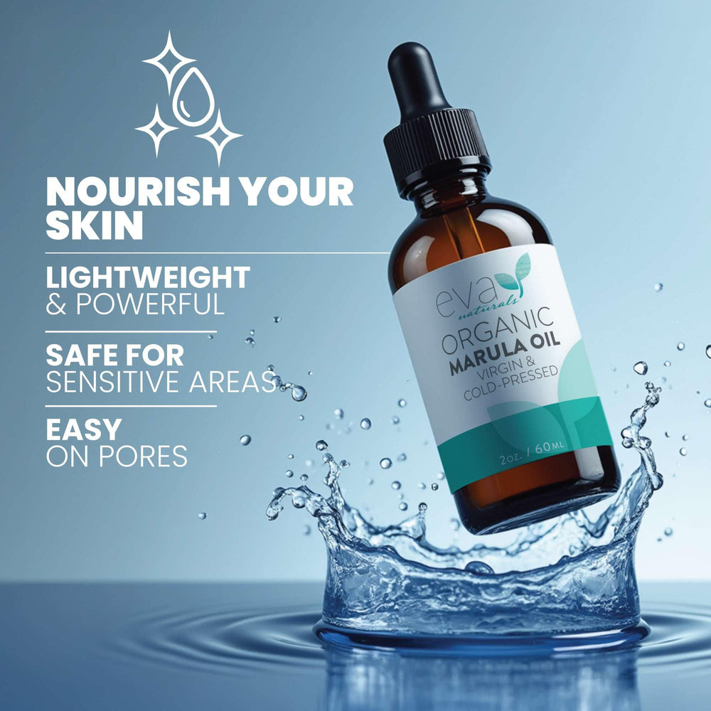 Close-up of Eva Naturals Marula Oil promoting a natural glow.