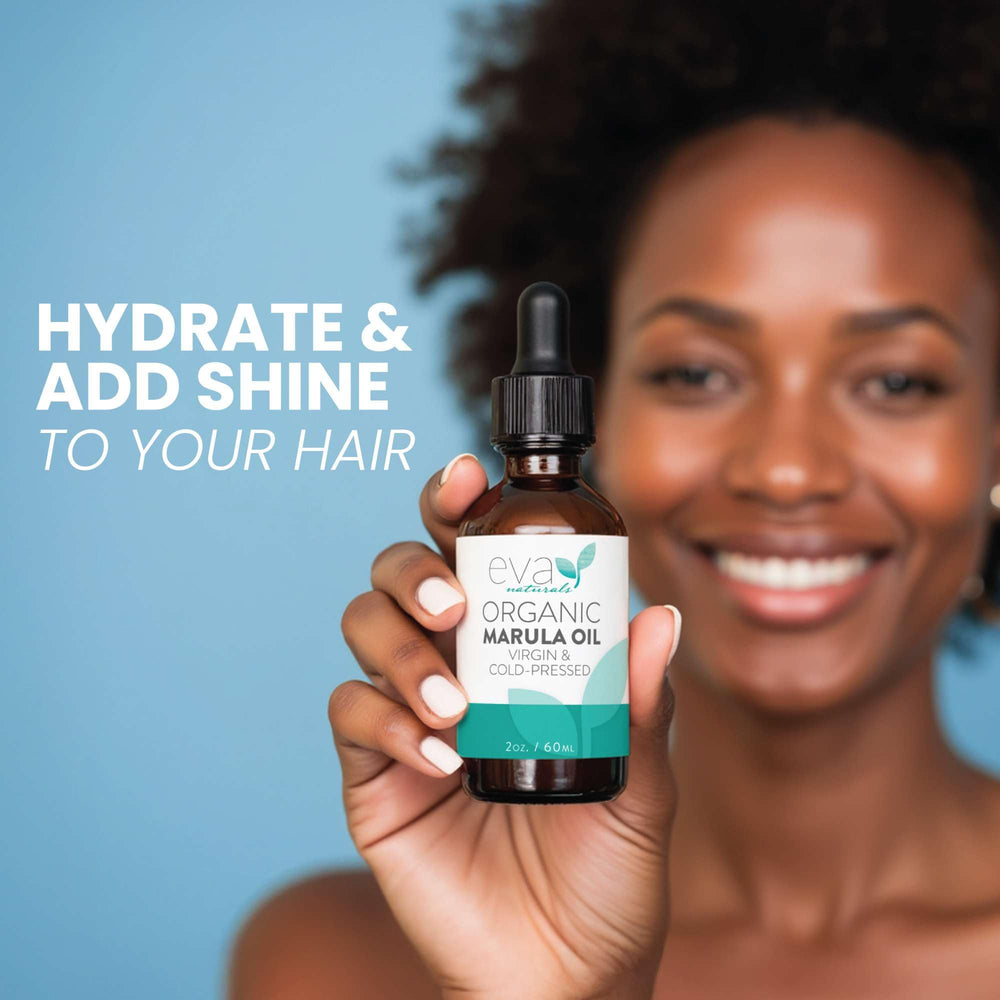 Eva Naturals Marula Oil used as a lightweight hair treatment.