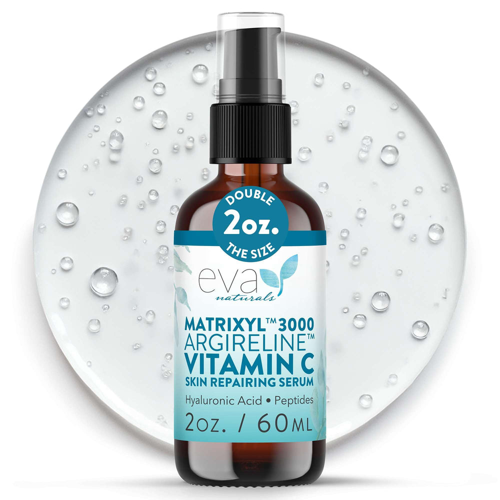 Eva Naturals Matrixyl 3000 & Argireline serum bottle close-up for smoother skin