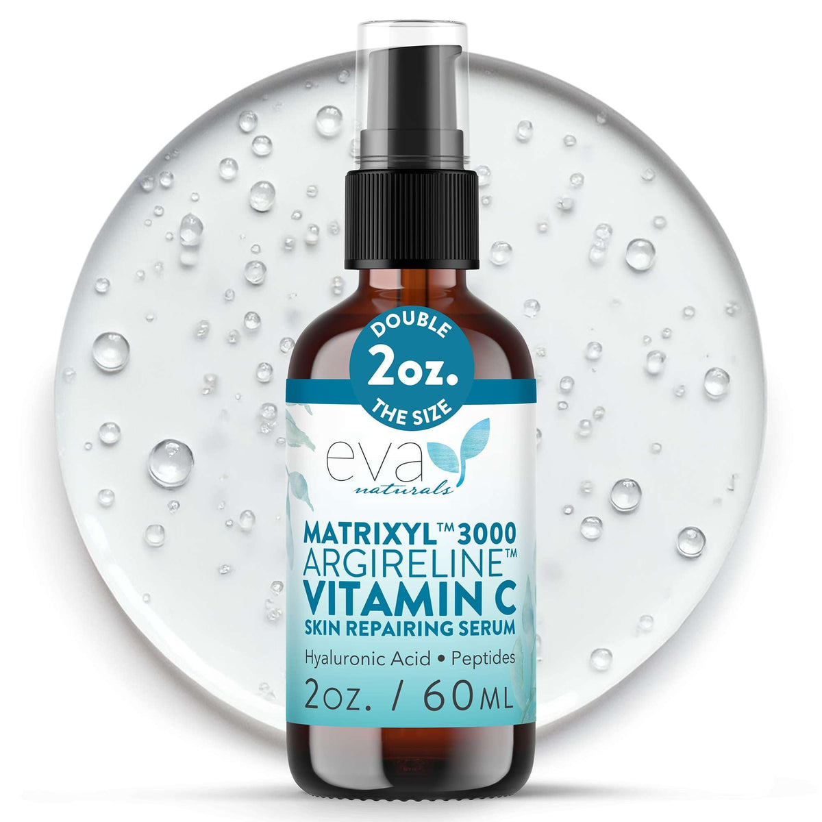Eva Naturals Matrixyl 3000 & Argireline serum bottle close-up for smoother skin