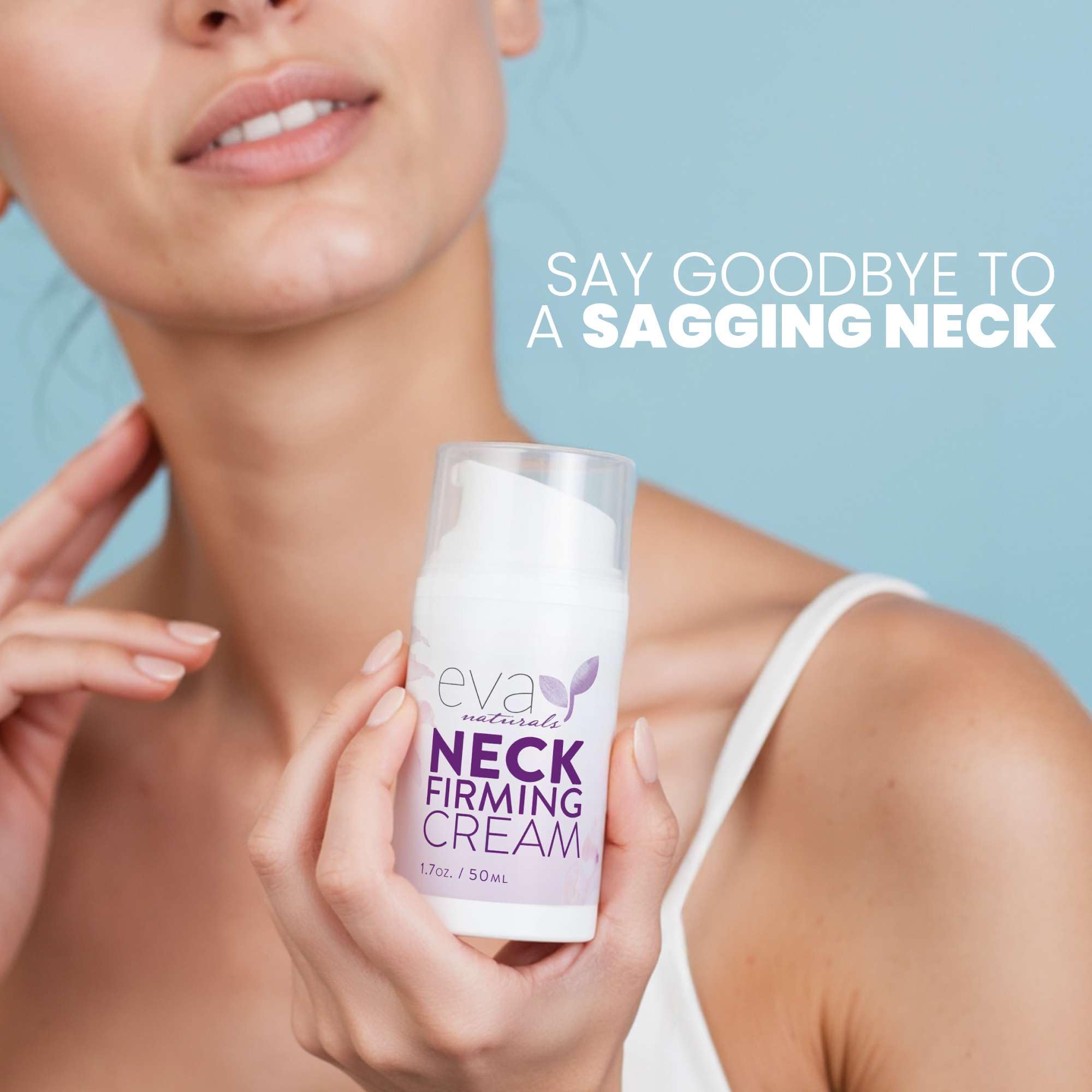 Eva Naturals Neck Firming Cream application closeup showing smooth spreading for neck care.