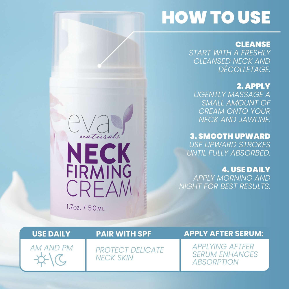 Eva Naturals Neck Firming Cream ingredients botanicals blend clear and soothing for healthy tone.