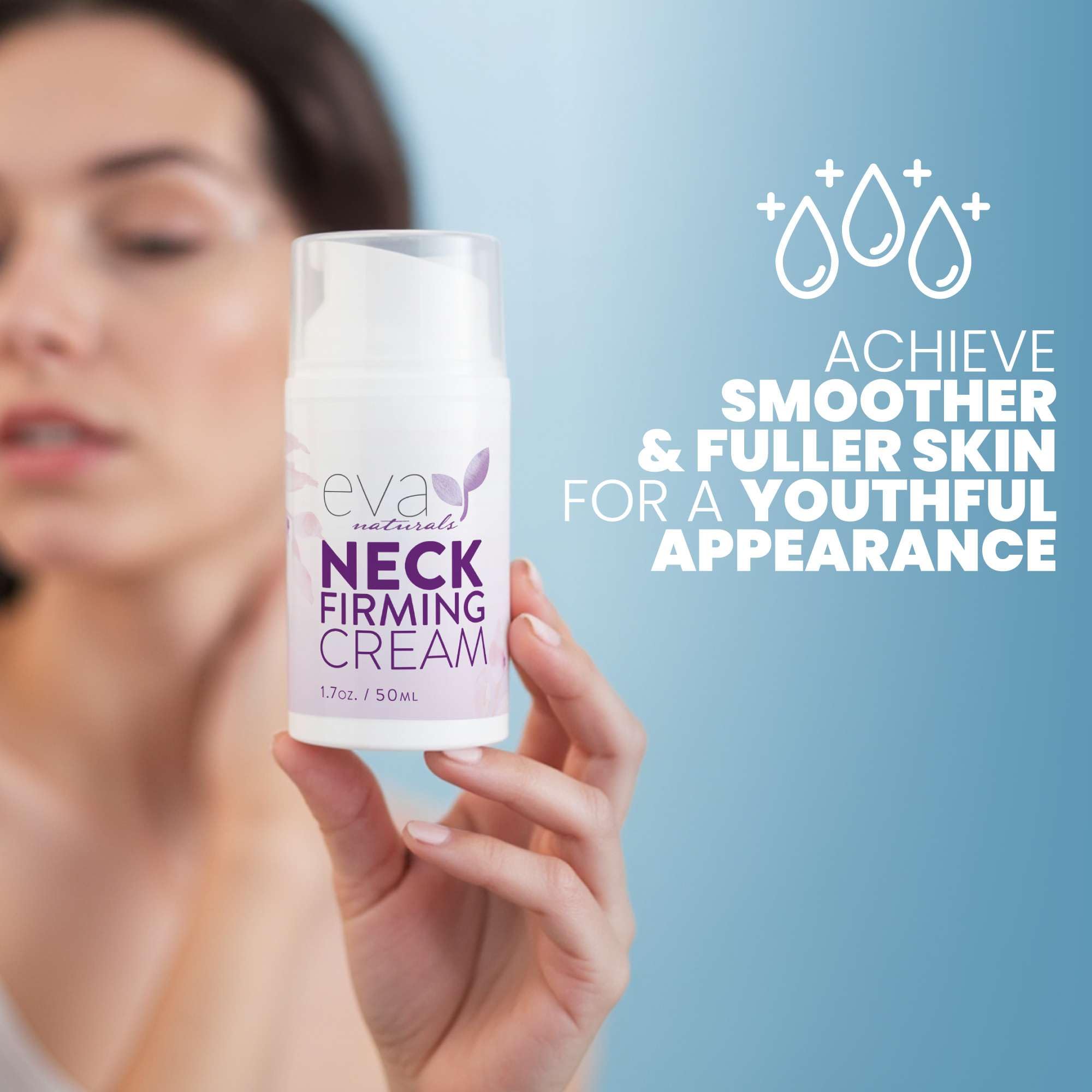 Eva Naturals Neck Firming Cream swirl on skin highlighting deep hydration and renewal.