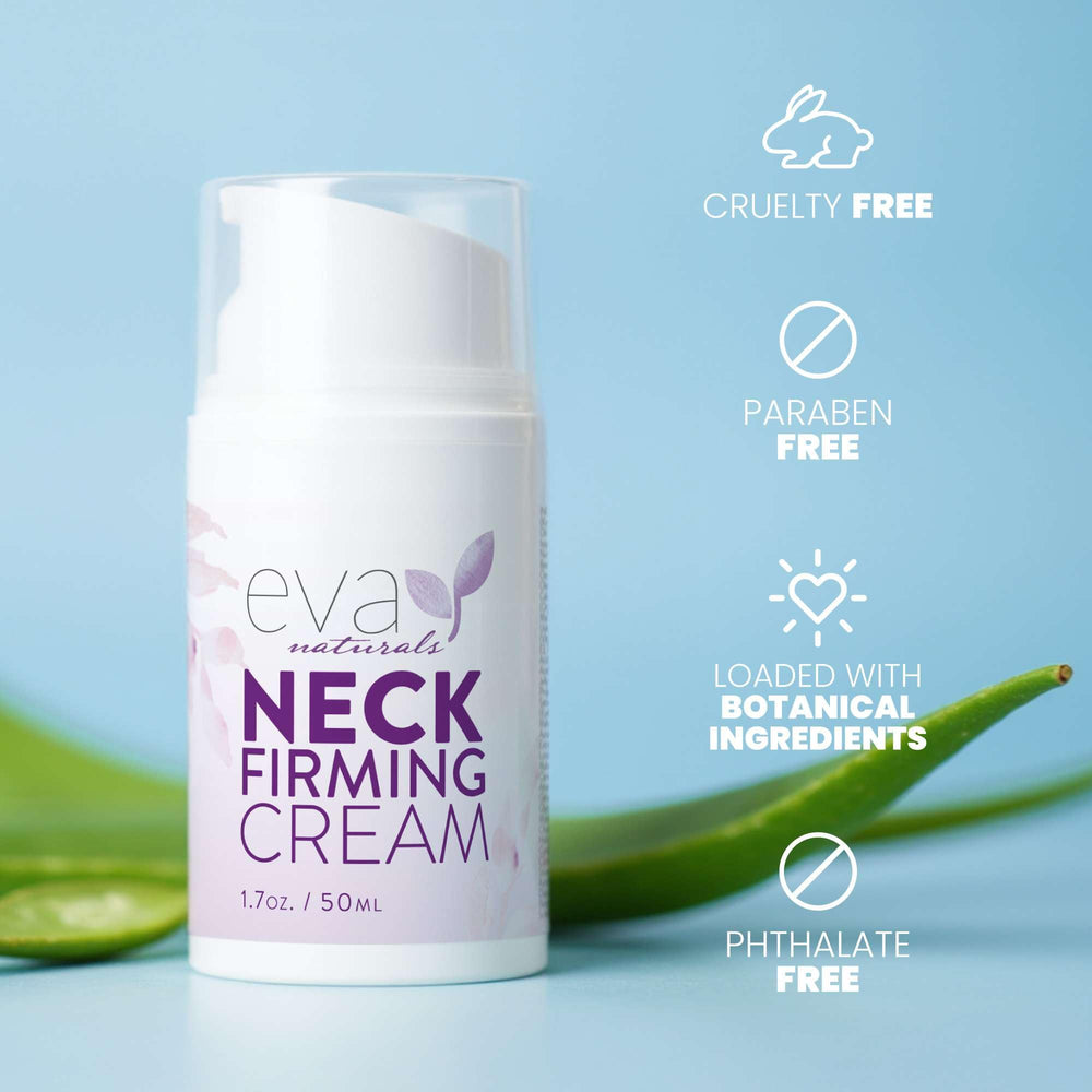 Eva Naturals Neck Firming Cream texture closeup highlighting non-greasy absorption.