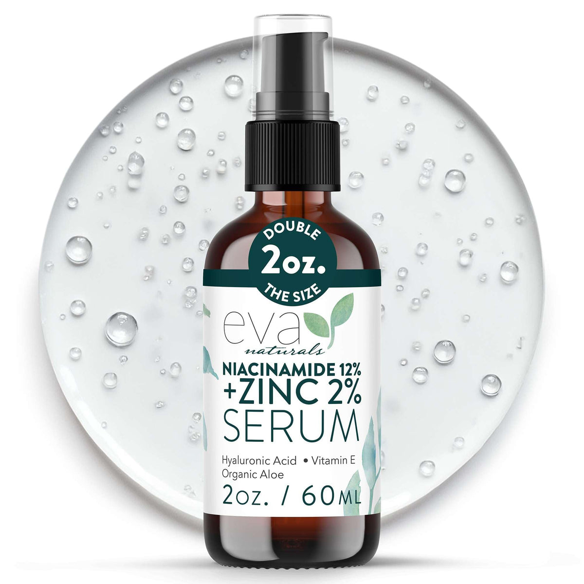 Eva Naturals Niacinamide 12% + Zinc Serum bottle for clear pores and balanced skin