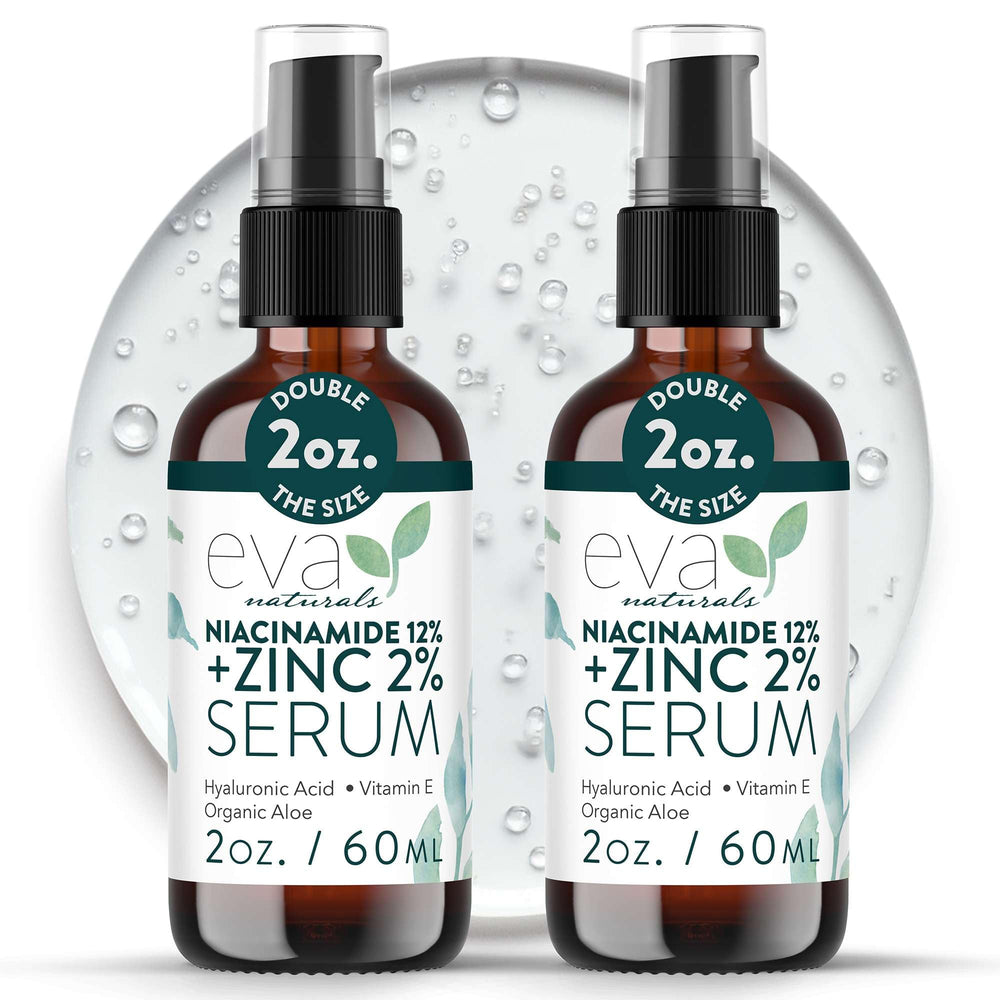 Eva Naturals Niacinamide 12% + Zinc Serum bottle pour demonstrates oil balance for a refined complexion