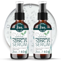 Eva Naturals Niacinamide 12% + Zinc Serum bottle pour demonstrates oil balance for a refined complexion