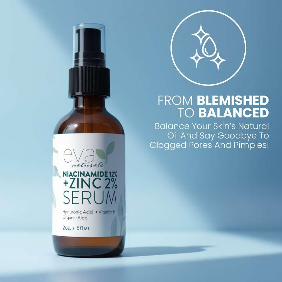 Eva Naturals Niacinamide 12% + Zinc Serum made-in-usa badge signals quality