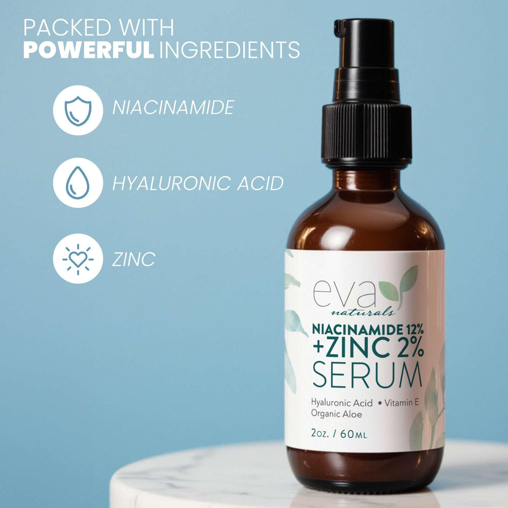 Eva Naturals Niacinamide 12% + Zinc Serum skin detail highlights hydration vs dullness