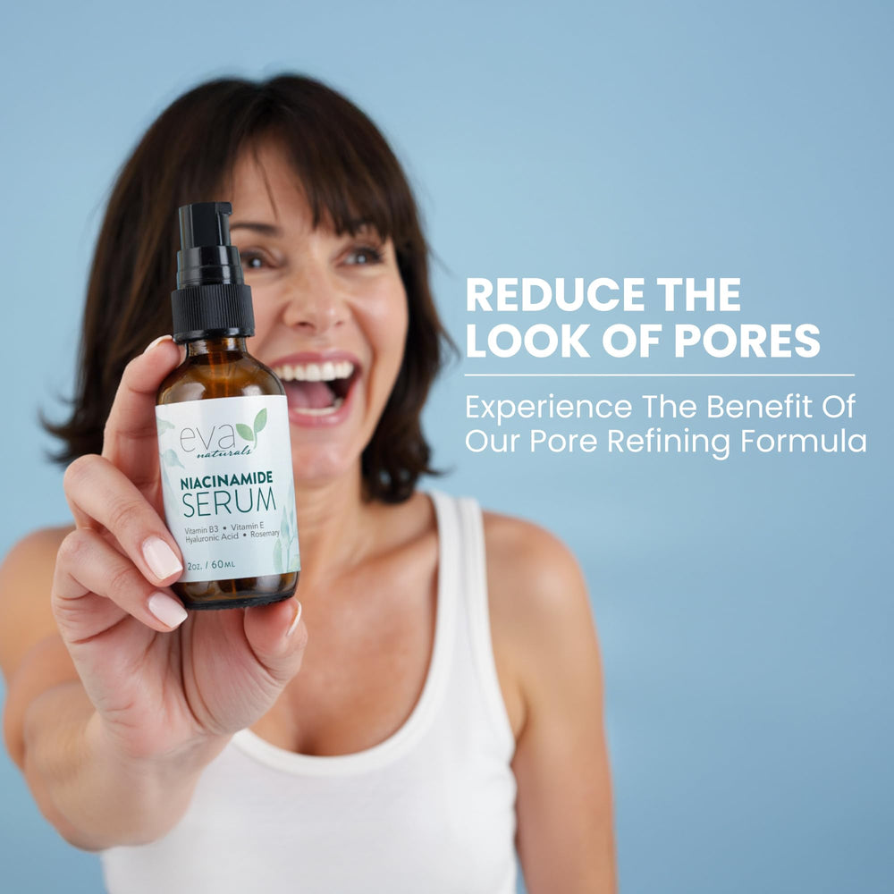 Daytime skincare routine with Eva Naturals Niacinamide 5% Serum and sunscreen