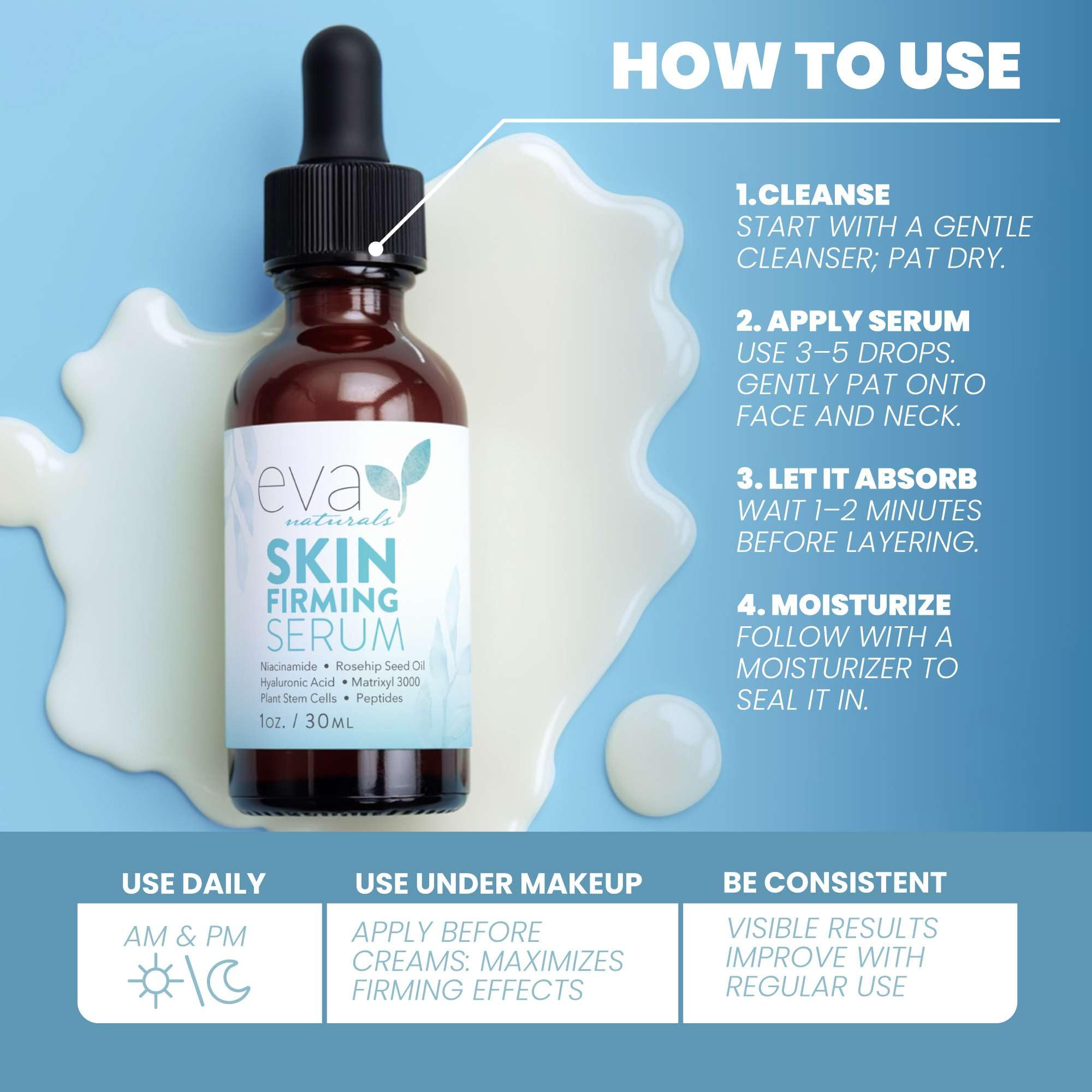 Eva Naturals niacinamide serum with hyaluronic acid close-up for refined texture.