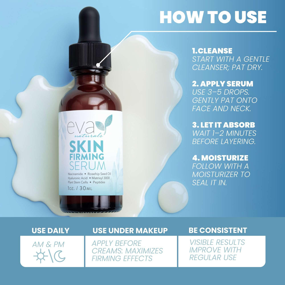 Eva Naturals niacinamide serum with hyaluronic acid close-up for refined texture.